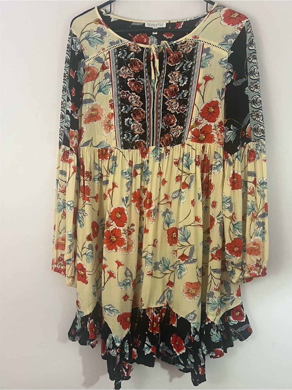 Patrons of Peace Floral Boho Handkerchief Hem Dress Small Rayon